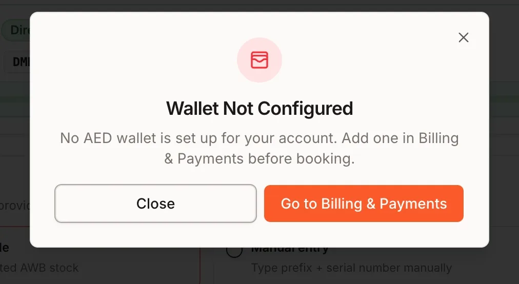 An agent without an AED wallet sees why the booking cannot continue and a button to fix it