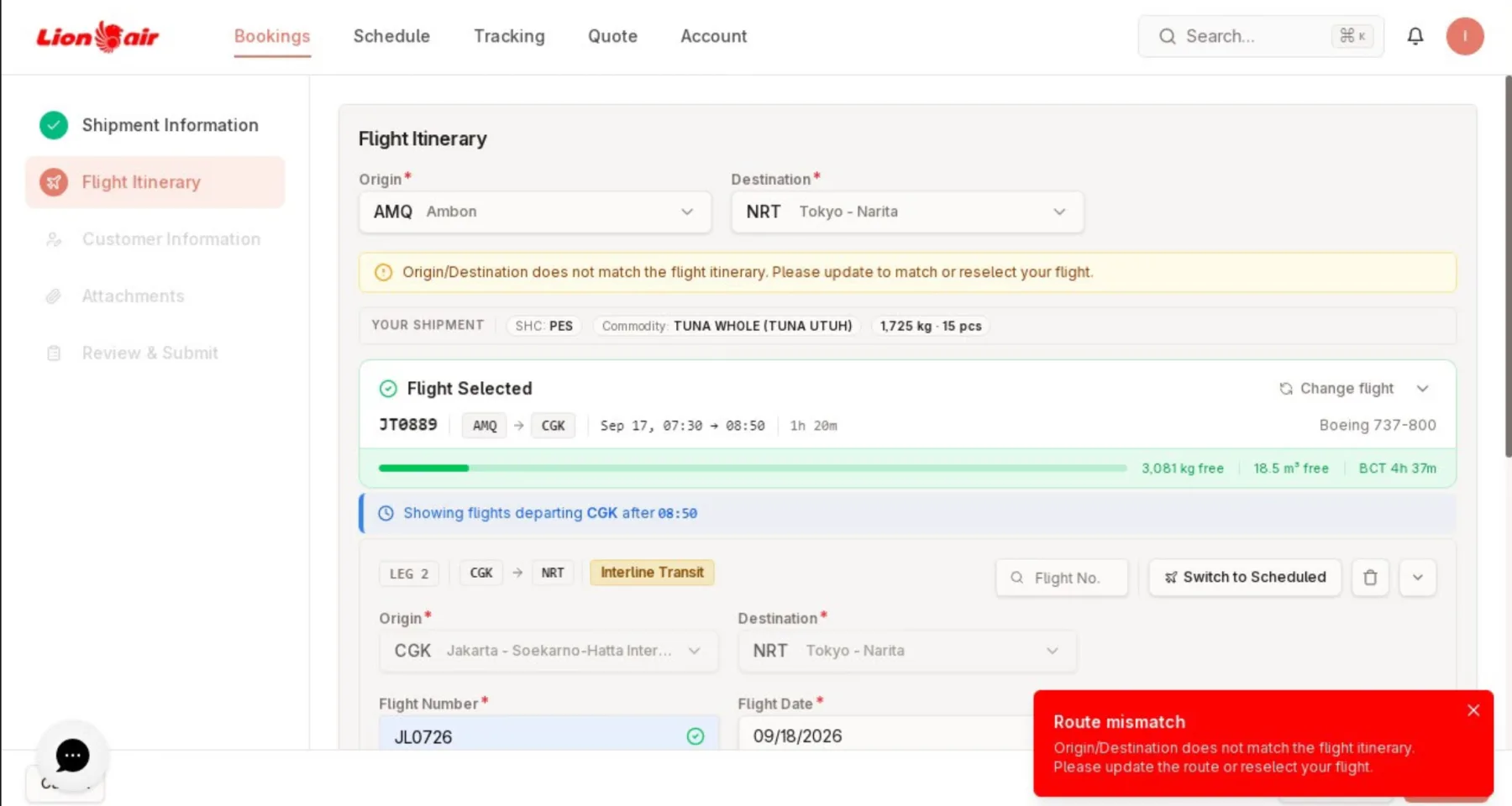 The agent typed Ambon to Tokyo but picked a flight to Jakarta; the portal flags the mismatch before they go further