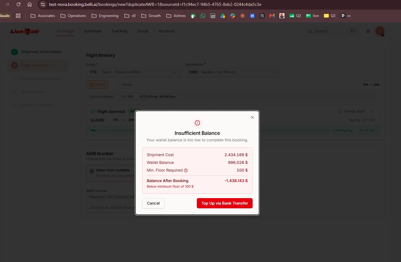 Right after choosing a flight, the agent sees the shipment cost, their balance, and the shortfall