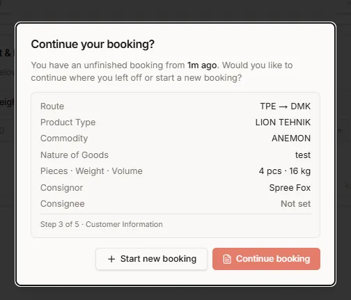 Returning to the portal, the agent is offered the booking they left a minute ago, with what was already filled in