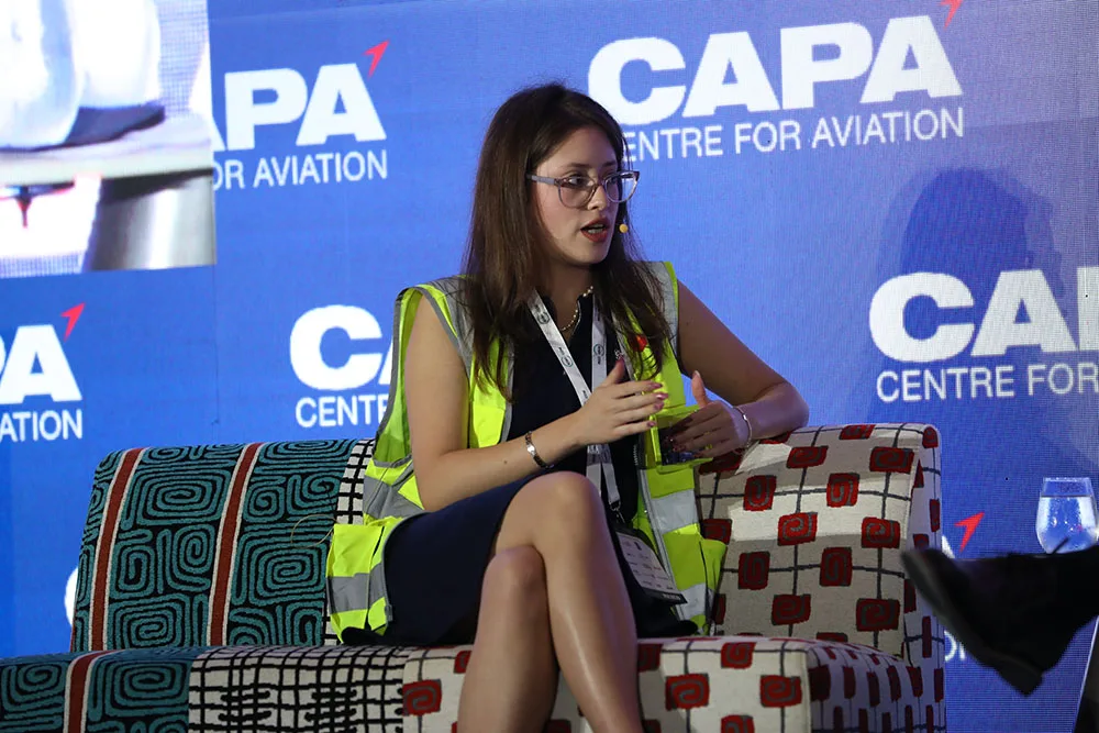 Asael Jalocha of Belli speaking on stage while moderating the air cargo panel at the CAPA Airline Leader Summit in Panama City