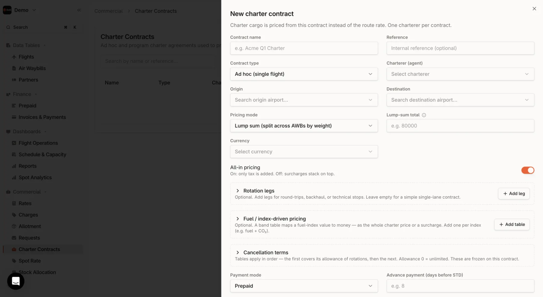 The New charter contract form in Belli, with contract type, charterer, route, lump-sum pricing, rotation legs, fuel-index pricing, cancellation terms and payment mode